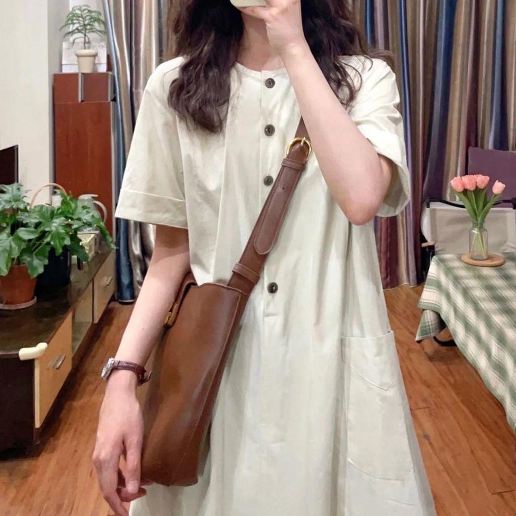 Plus Size Summer Retro Japanese Style Slimming Long Dress - Short Sleeve, Artistic, Casual, Lazy.