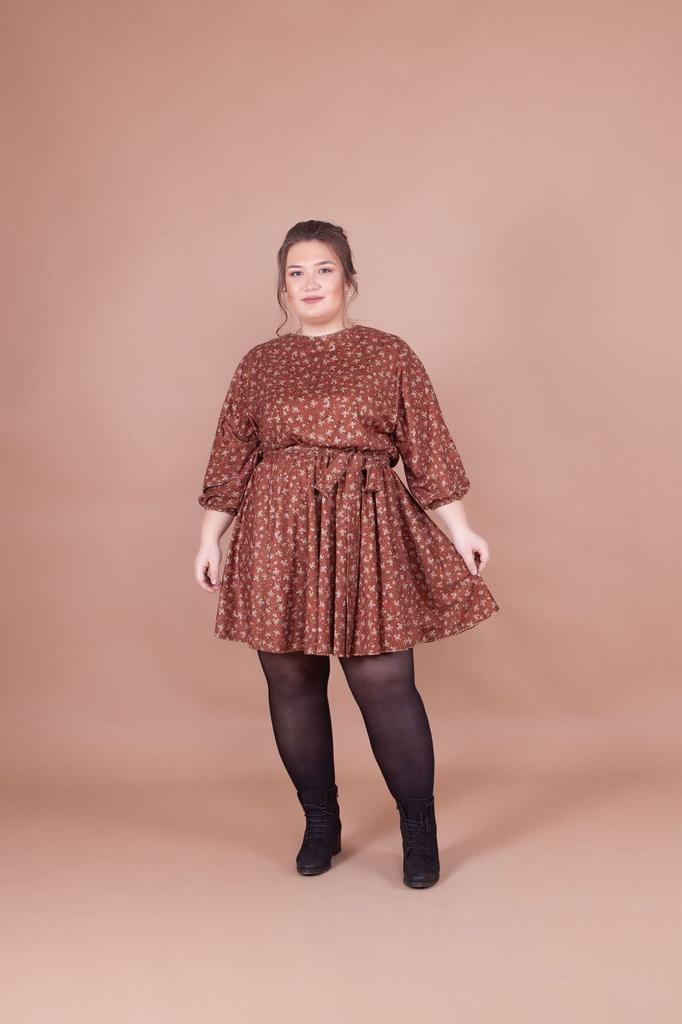 Women's Big Size Dress Plus Size Tan Velvet Floral Patterned Bat Sleeve Dress