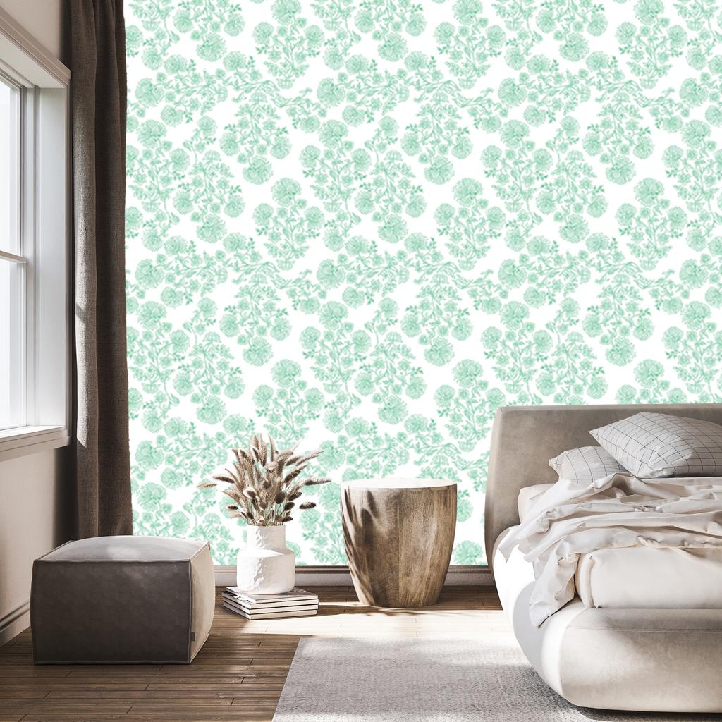 Wallpaper Flowers white and mint, white background for living room and bedroom 50x1000
