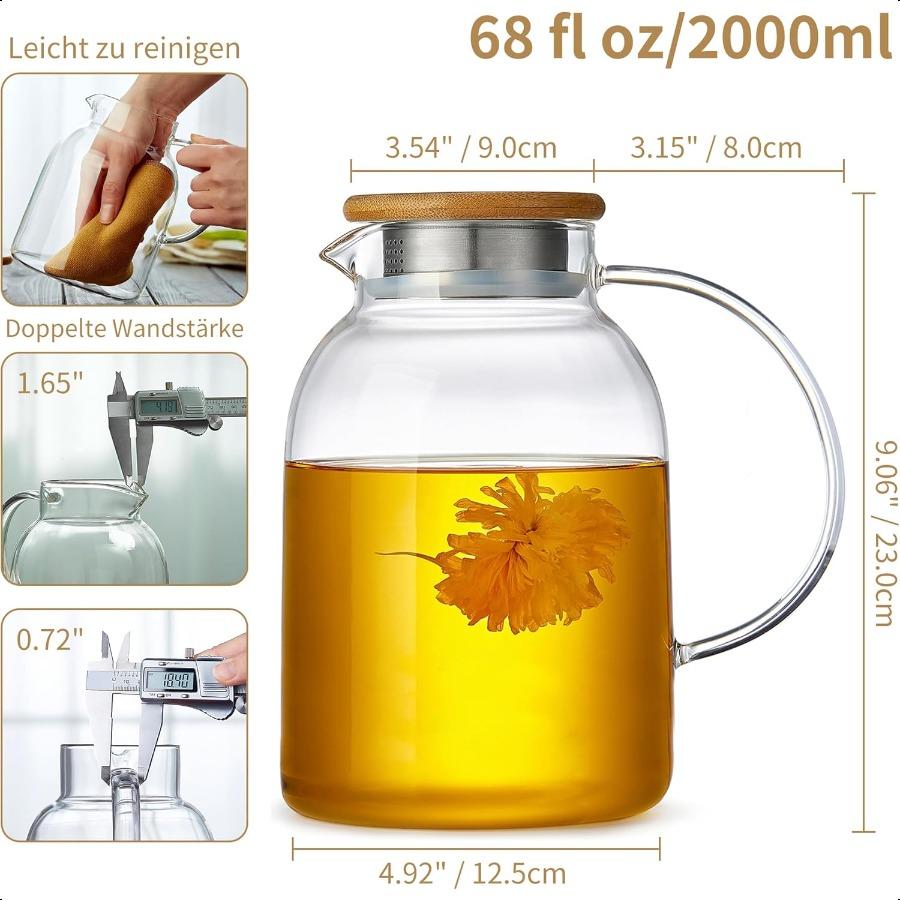 Large Glass Teapot with Infuser Stovetop Safe Thickened Heat Resistant Borosilicate Glass 68 fl oz Glass Tea Kettle with Bamboo
