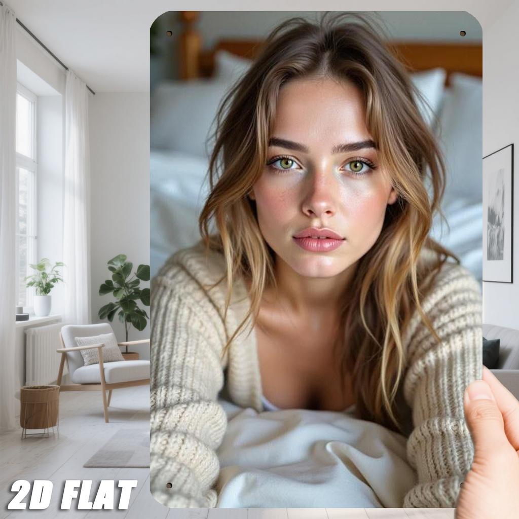 HD Metal Tin Sign Stunning Blonde Girl In Beige Knit Cardigan On Bed Vintage Poster Cozy Bedroom Style Wall Art Decor for Home