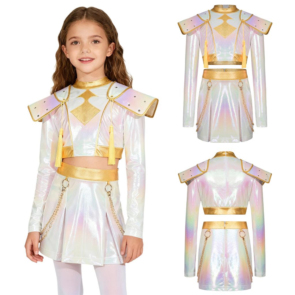 Dětský Dívčí Hunter Cosplay Halloween Zpěvák Démon Kostým Duhohlesklý Lesklý Crop Top Lem Flitry Svrchní Oblečení Pasový Řetízek Šortky