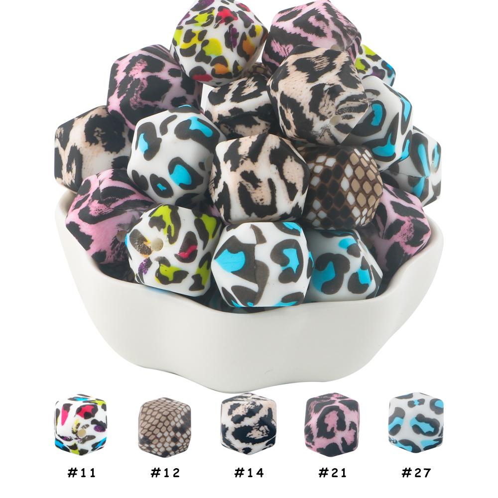 10Pcs 14mm Printed Hexagon Silicone Beads Leopard Bead For Jewelry Making DIY Beadable Pen Keychain Bracelet Accessories