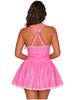 Womens Glossy PU Dress Front Lace Up Cross Back Adjustable Straps Floral Lace Trim A-Line Clubwear