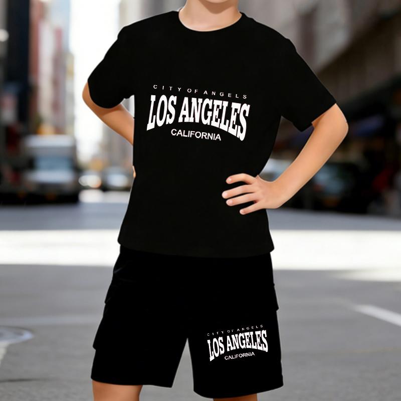 

Boys 2 Piece Los Angeles Letter Printed Outfit, Short Sleeve T-Shirt and Shorts Set for Kids Age 5-14,Black and White Sporty Casual Summer Clothes 5-6 Years чёрный