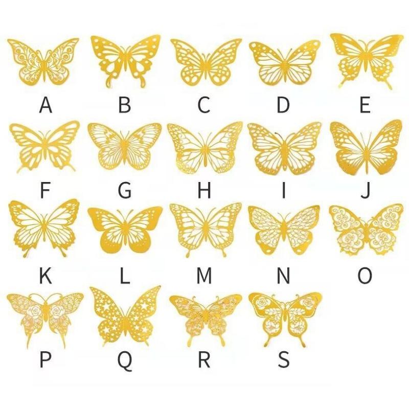 12PCS hollow butterfly 3D three-dimensional simulation butterfly bedroom living room festival party decoration imitation metal texture accessories