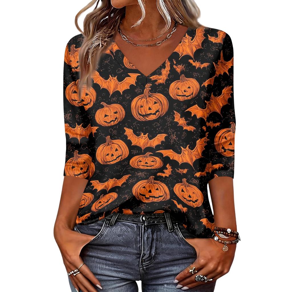 Women's Fashion Casual Halloween Print V-Neck Three-Quarter Sleeve Top