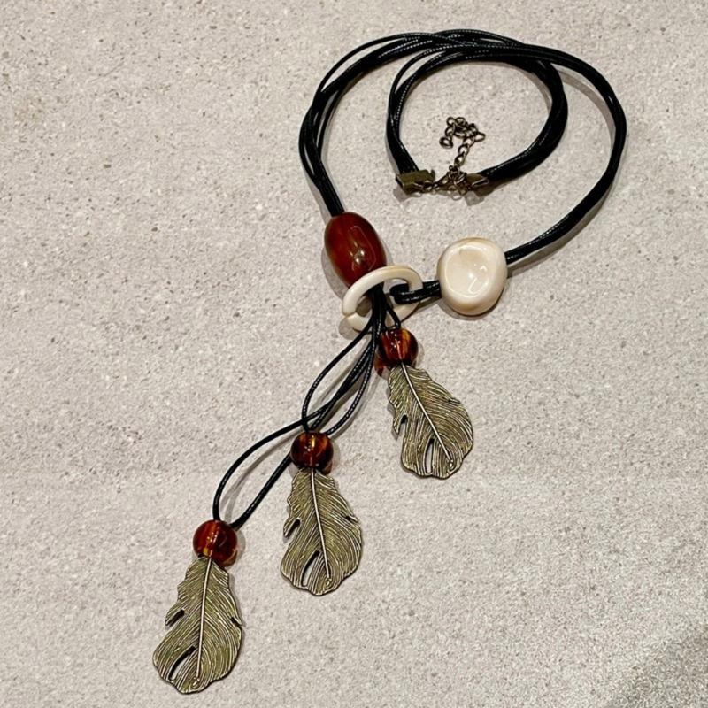 Long Bohemian Ceramic Bead Strand Necklace Ethnic Leaf Pendant Fringe Jewelry for Women Summer Statement Accessory