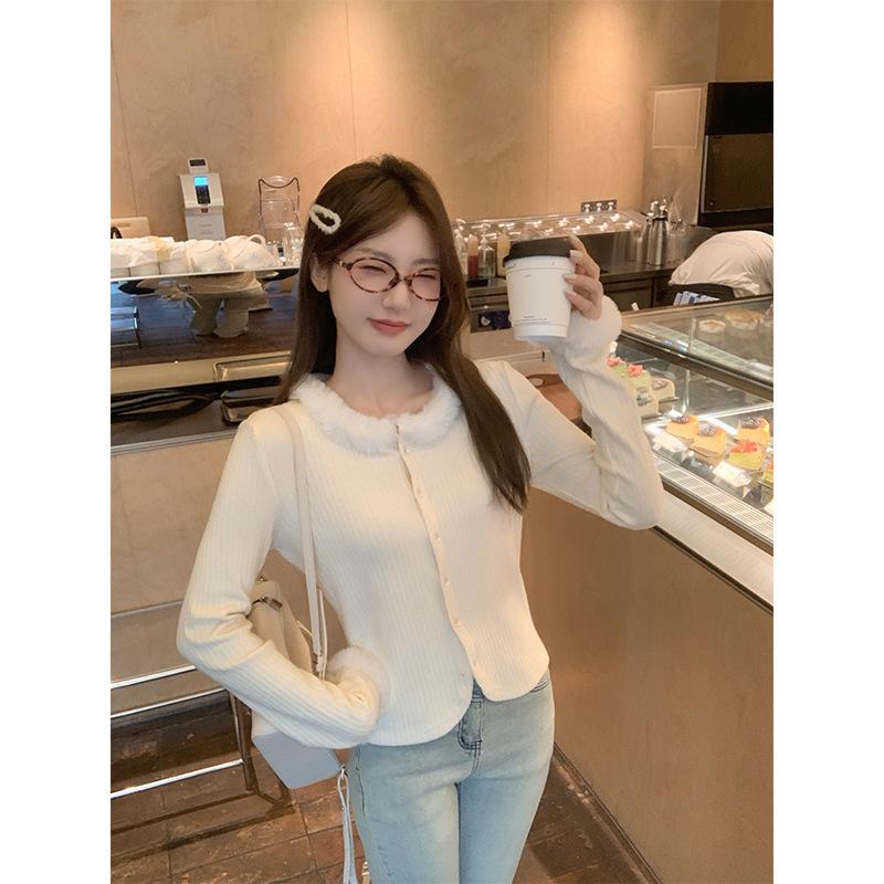 New autumn and winter furry edge round neck long-sleeved cardigan for women, sweet and spicy, beautiful outer wear, slimming, beautiful tops  jackets