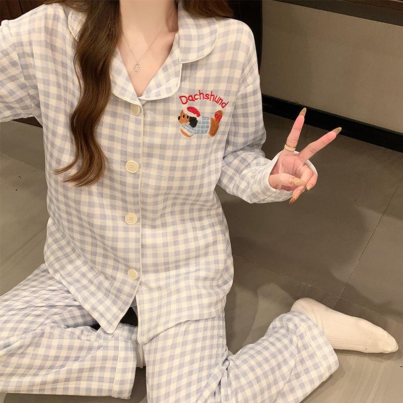 Dackel-Pyjama Herbst und Winter Damen Warm Süß Kariert Luftbaumwolle Lässig Trend Cartoon Loungewear Set