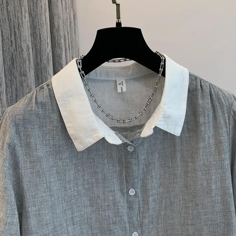 Blouses Shirt for Women Summer Cotton Short Sleeve Retro Casual Loose Blouse Coat Top