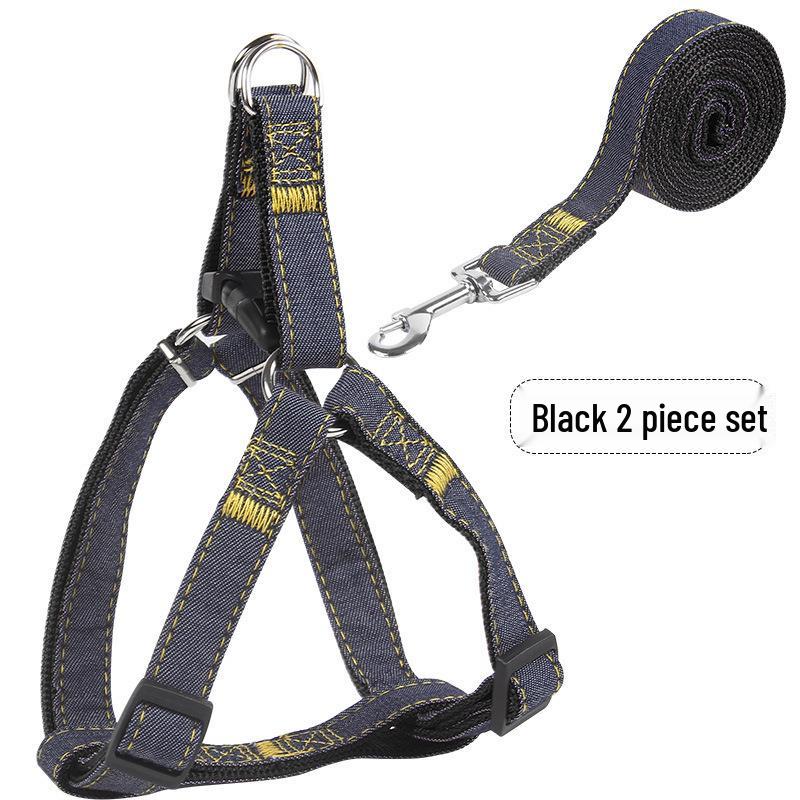 Denim-Stitched Dog Harness and Leash Set with Collar