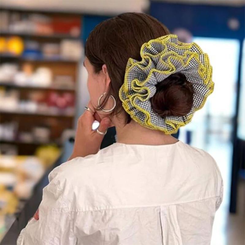 Ins Ballet Style Contrasting Plaid Ruffle Edge 4 Layer Hairloop Retro Nostalgic Romantic Meatball Head Large Intestine Hair Loop