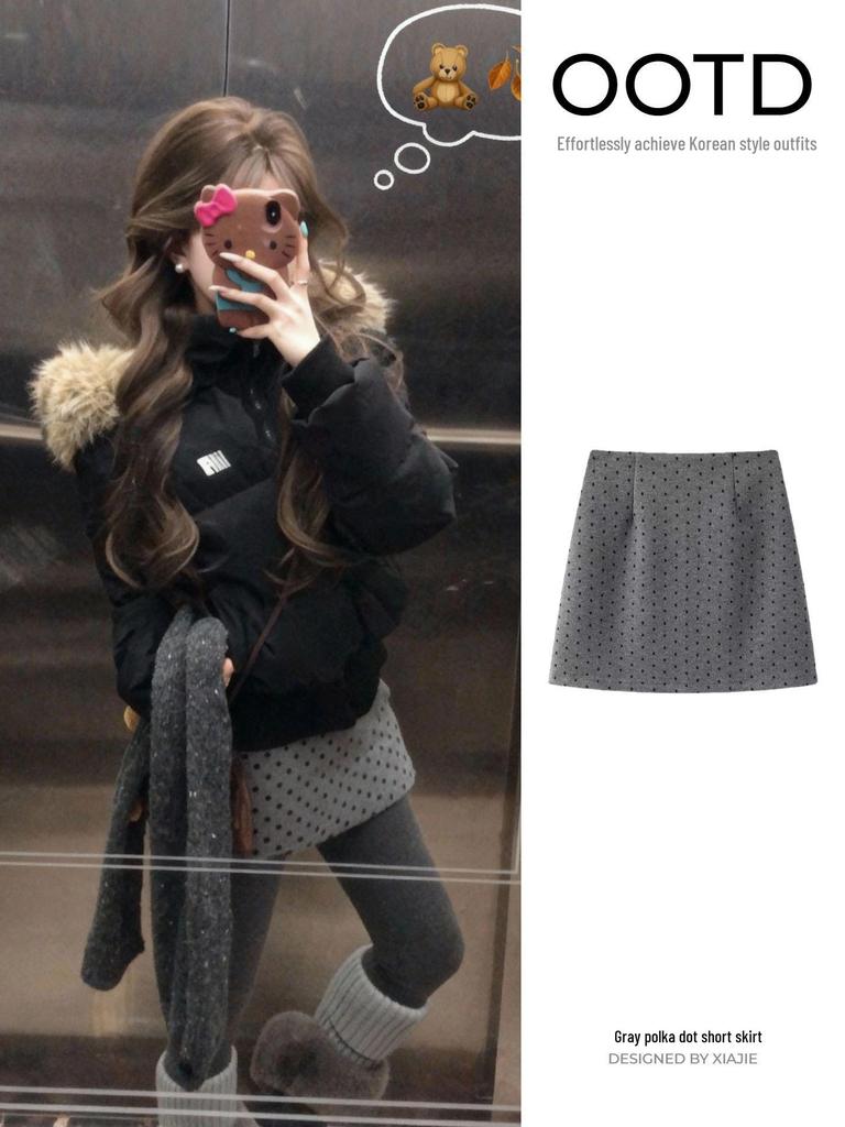 Gray Plaid Wool A-Line Polka Dot Short Skirt for Women - Winter Warm Hip-Hugging Design