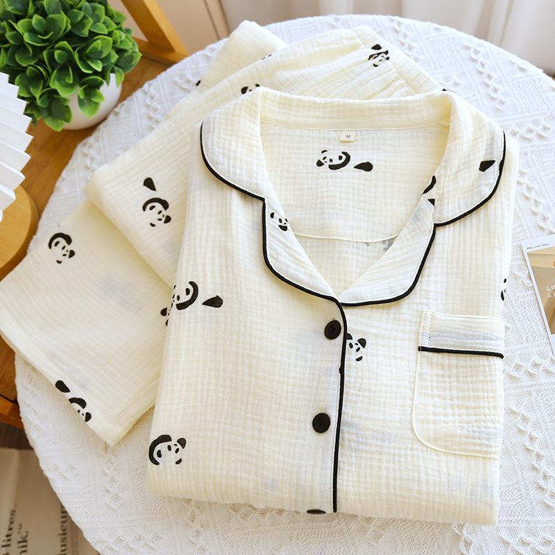 Women's 100% Cotton Gauze Pajama Set - Spring/Autumn Lapel Cardigan with Long Sleeve Top and Pants