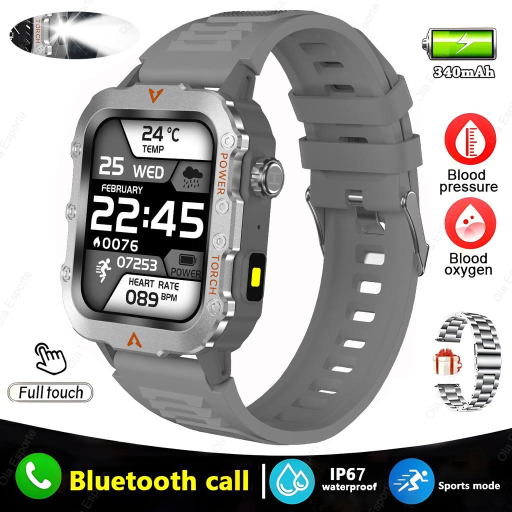 Outdoors Durable Men Sports Smart Watch Big Battery LED Flashlight IP69K Waterproof Bluetooth Call Military Smartwatch Hw12