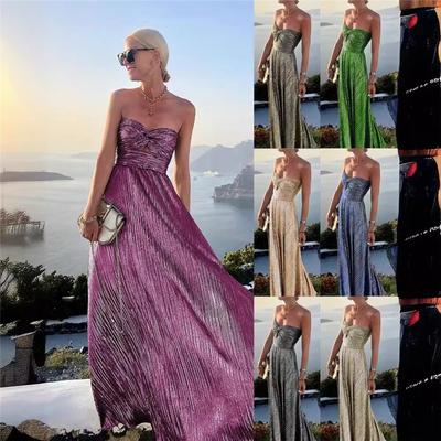 Ladies Summer New Sexy Chest Wrapped Bronzing Party Dress Solid Color Elegant Casual Big Swing Decoration Design Long Skirt