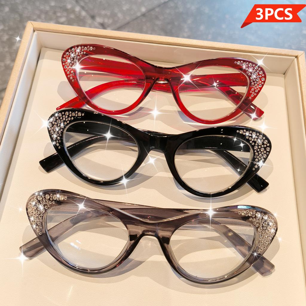 3 Stück Elegante Strass Katzenaugen Lesebrillen für Damen Herren - Vollrand, Katzenauge, Hochdefinitionsglas, +1.0 bis +4.0 Dioptrien