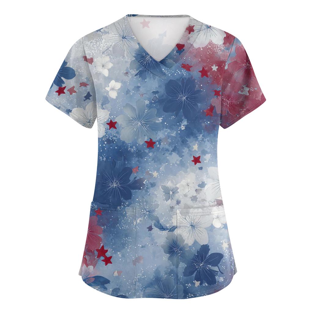 Women's Fashionable V-Neck Short-Sleeved Work Top With Pockets And Independence Day Print  Uniform