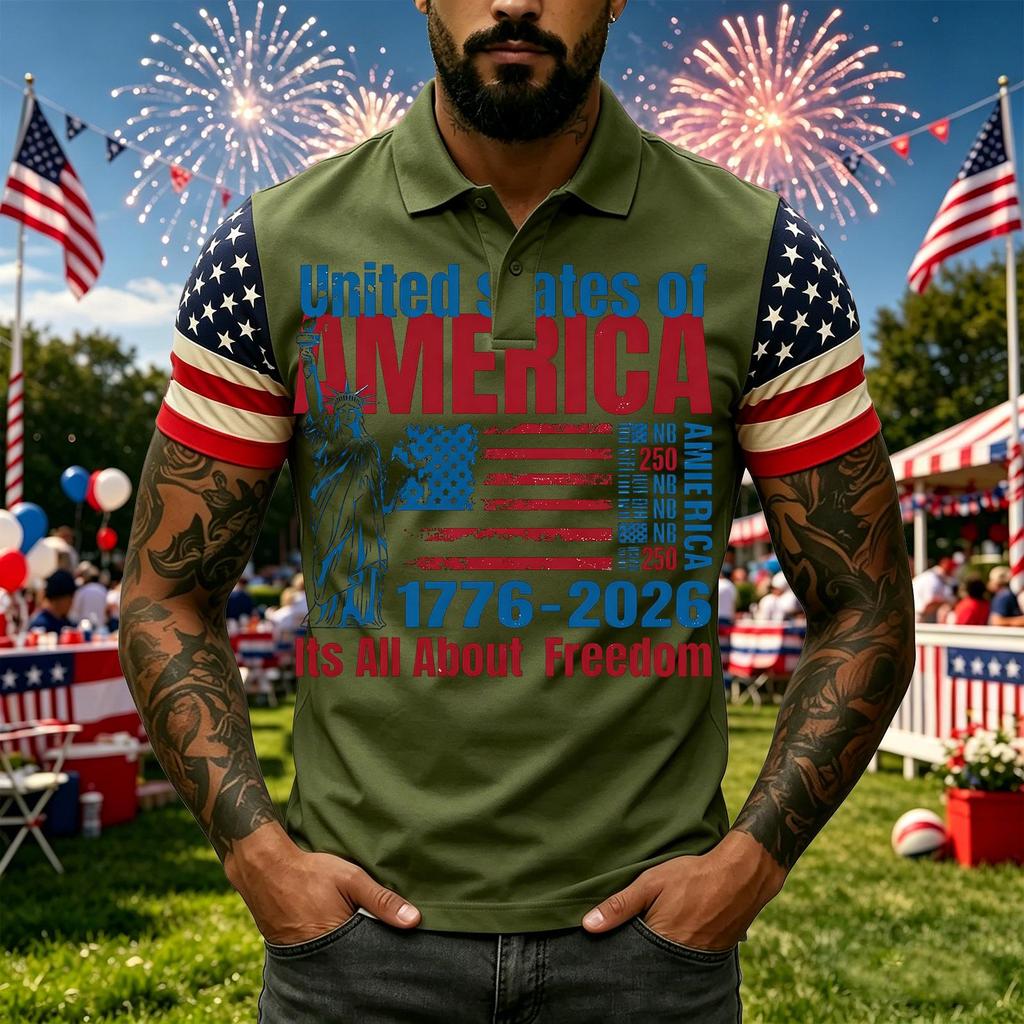 Men's Casual Short Sleeve Polo Shirt with Graphic Print and American Flag Pattern Sleeves Button Down Collar Athletic Fit