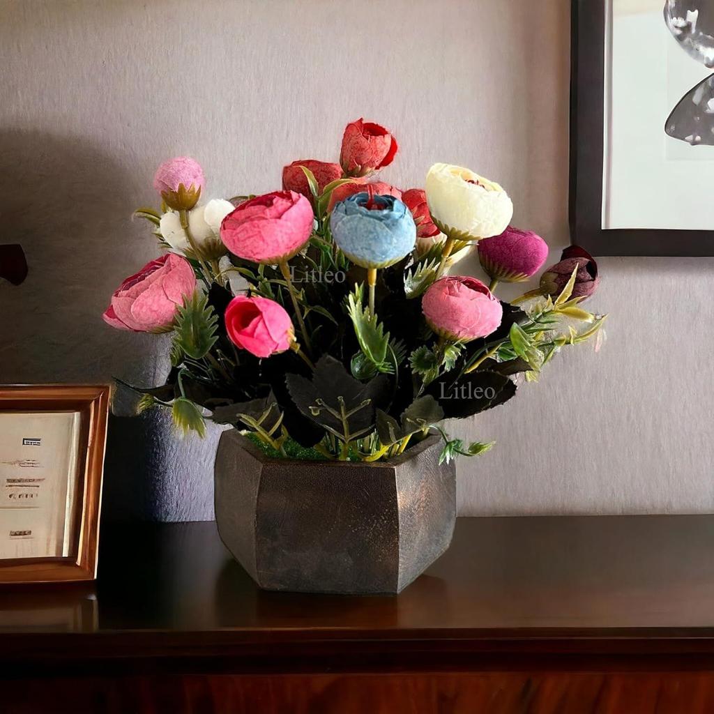 Wooden Pot with Multi-Design Dry Artificial Flowers, Perfect Home Office Gift, Elegant Décor (Multi B)