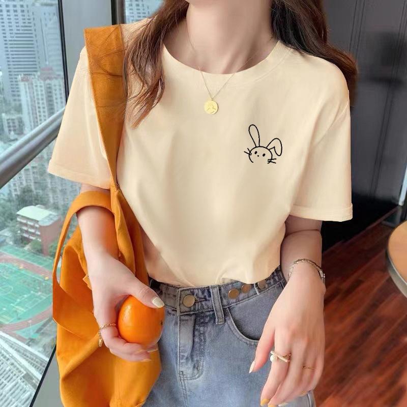 

Cream shoulder short-sleeved t-shirt women s summer 2025 new loose and thin half-sleeved design pure cotton top ns S