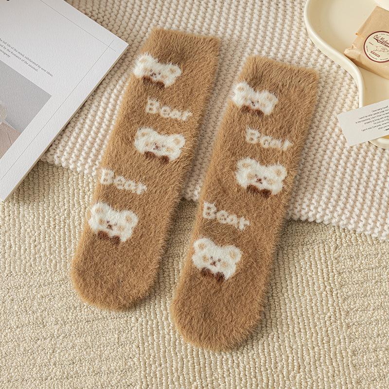 Șosete roz dulce cu iepurași și fundă, imitație nurcă, iarnă, pluș, calde, de casă, pentru dormit, ins japonez, desene animate, drăguțe, cu blană, șosete tub