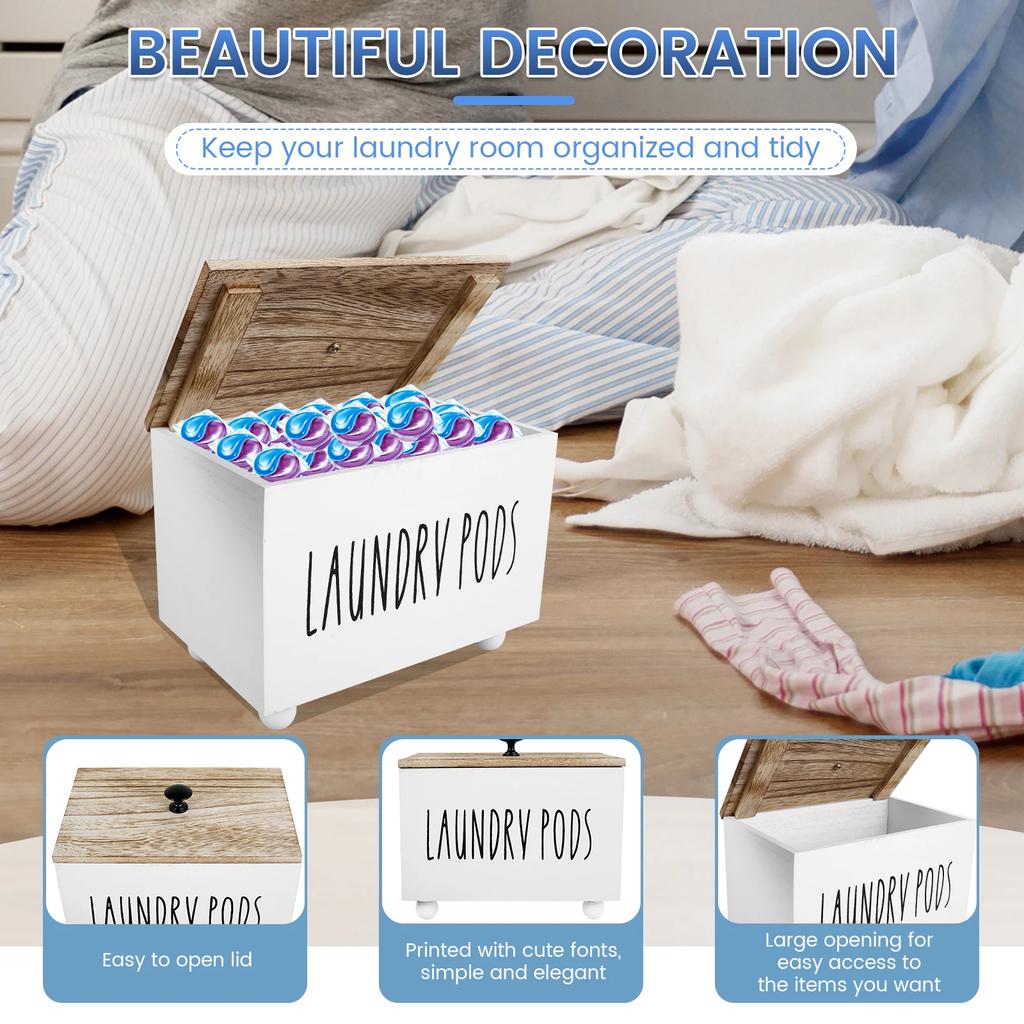 Laundry Pods Container Solid Wood Dryer Sheet Holder with Lid Multipurpose Dryer Storage Box for Laundry Room Kitchen Bathroom