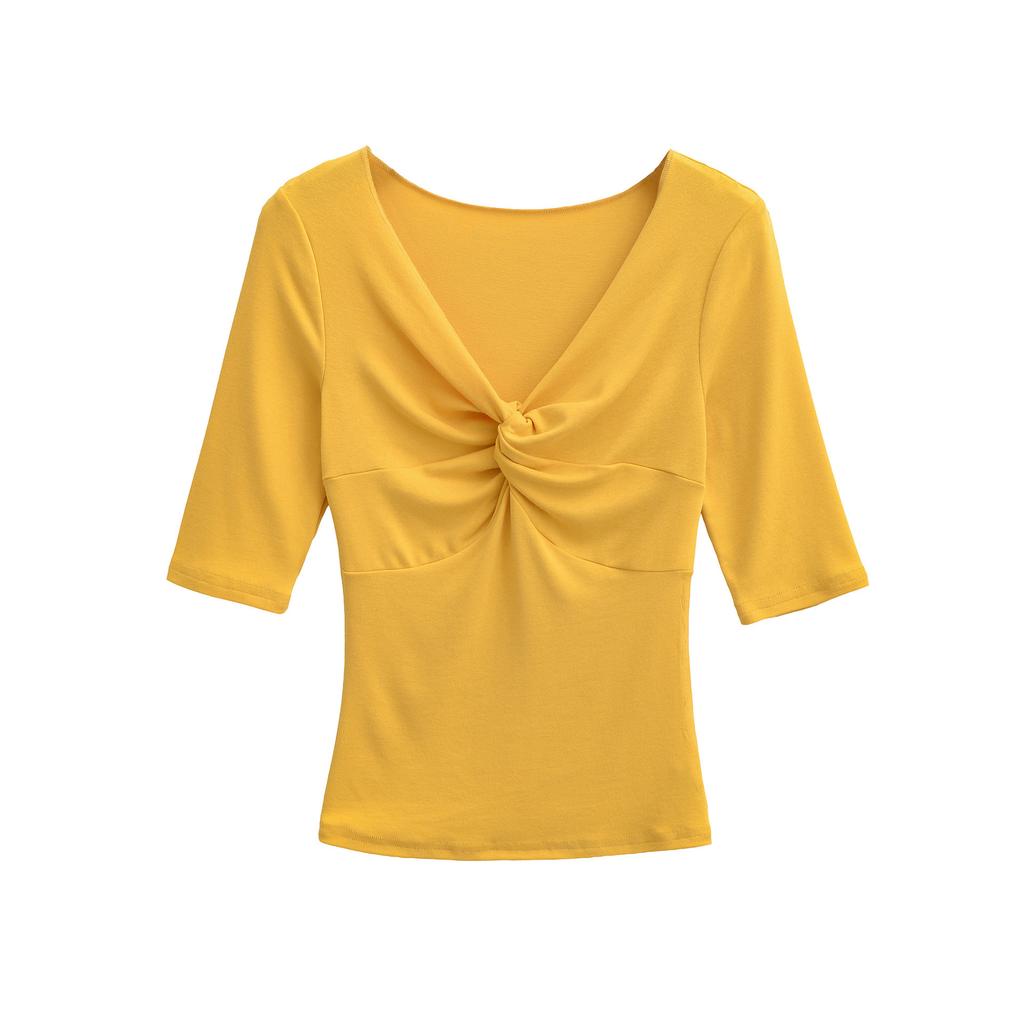 Kink V-neck Medium-sleeved T-shirt Women's Summer New American Spice Girl Style Solid Color Slim-fitting Slim Bottom Top