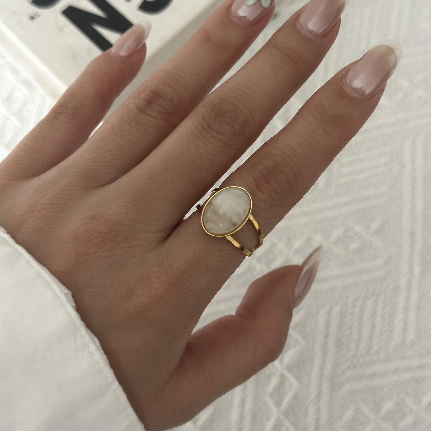 Stainless Steel White Dripping Oil Open Rings for Women Natural Stone Inlay Wide Band Stackable Rings Gold Plated Jewelry