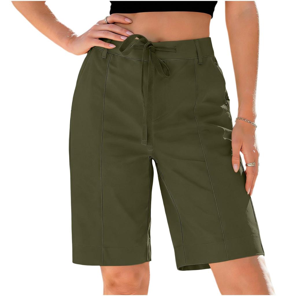 Women's Knee Length Cargo Shorts,Casual High Waisted Drawstring Bermuda Shorts With Pockets For Summer Hiking Work