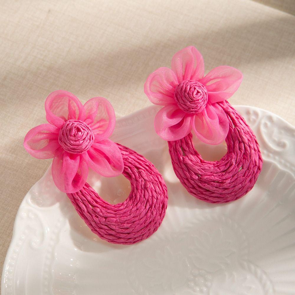 U-shaped Straw Weave Earrings Sweet Beach Drop Earrings Mesh Flower Earrings  Girls Gift