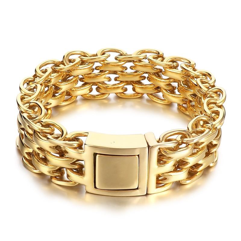 Hip Hop Stainless Steel Three Layer Link Chain Bracelet Men's Gold Color O-Shaped Chunky Bracelets Larger Polished Wist Jewelry