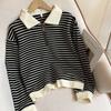 Womens Oversized Polo Collar Striped Zip-Up Sweatshirt Long Sleeve Casual Top Fall