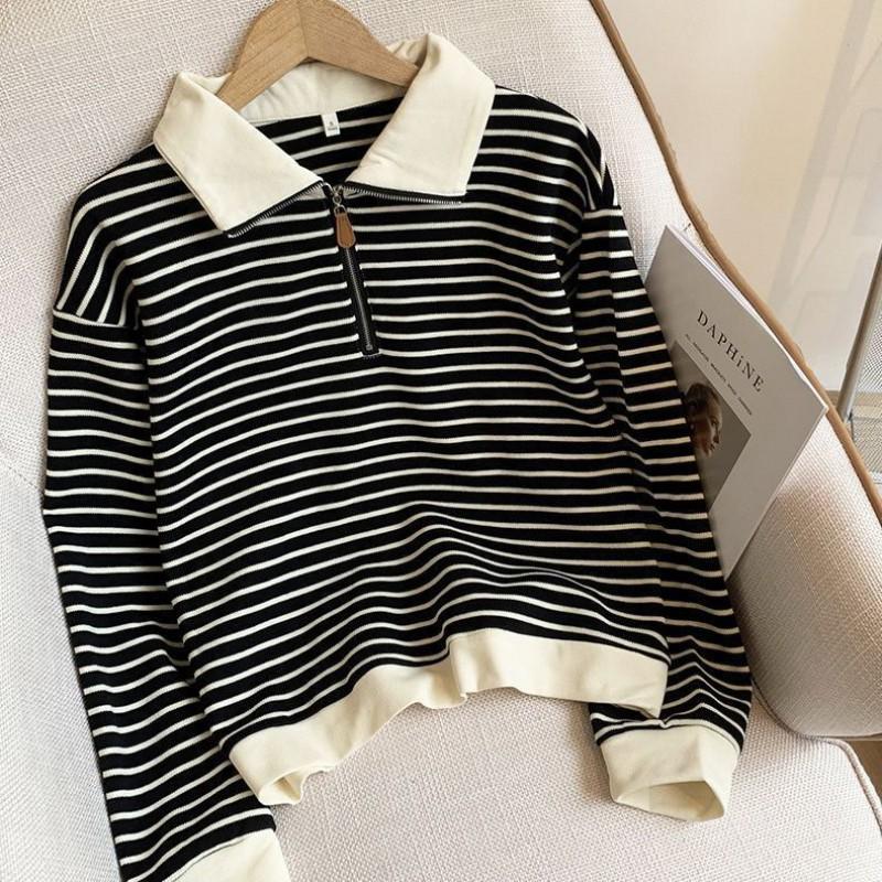 Womens Oversized Polo Collar Striped Zip-Up Sweatshirt Long Sleeve Casual Top Fall