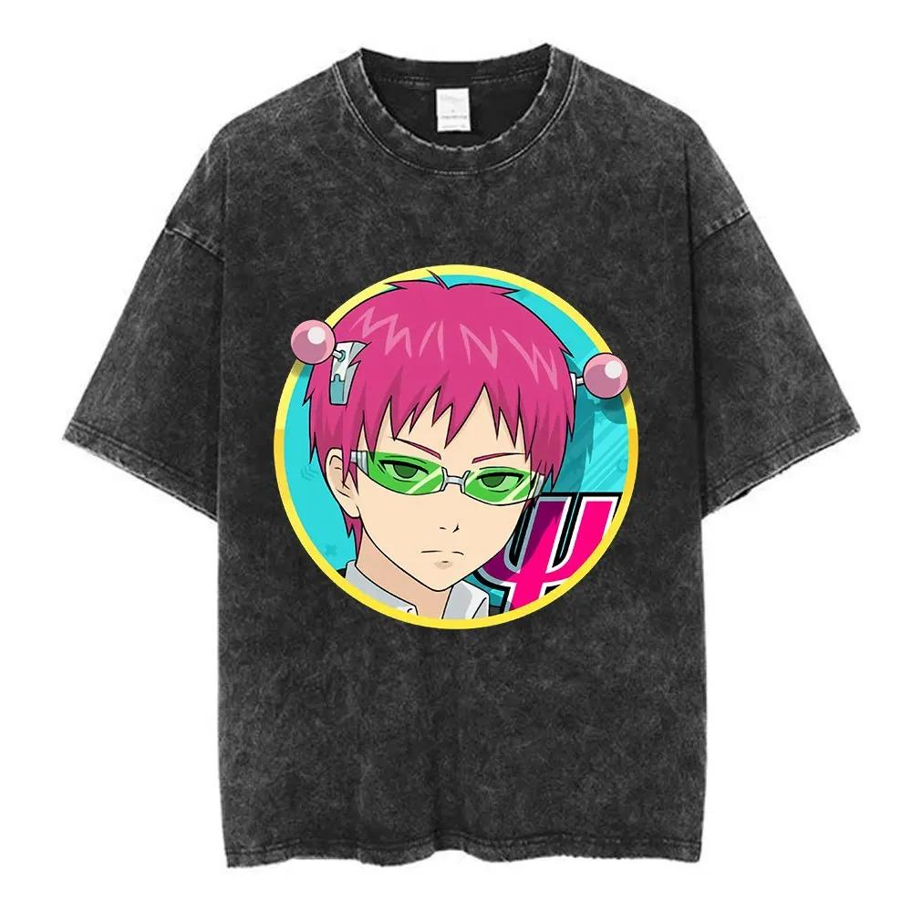 Anime The Disastrous Life of Saiki K Graphic Print Tshirt Men Women Vintage Washed Cotton Oversized Harajuku Style Summer Tees