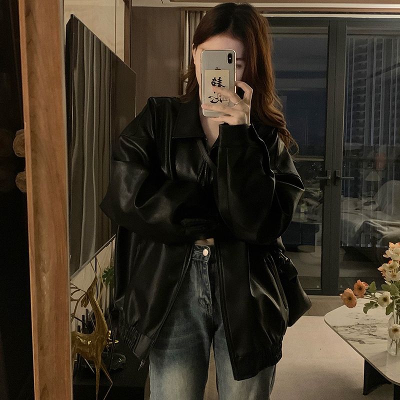 Kumikumi American Vintage Black PU Leather Long Sleeve Outerwear Women Clothes Autumn Elegant All-Match Loose Slimming Top