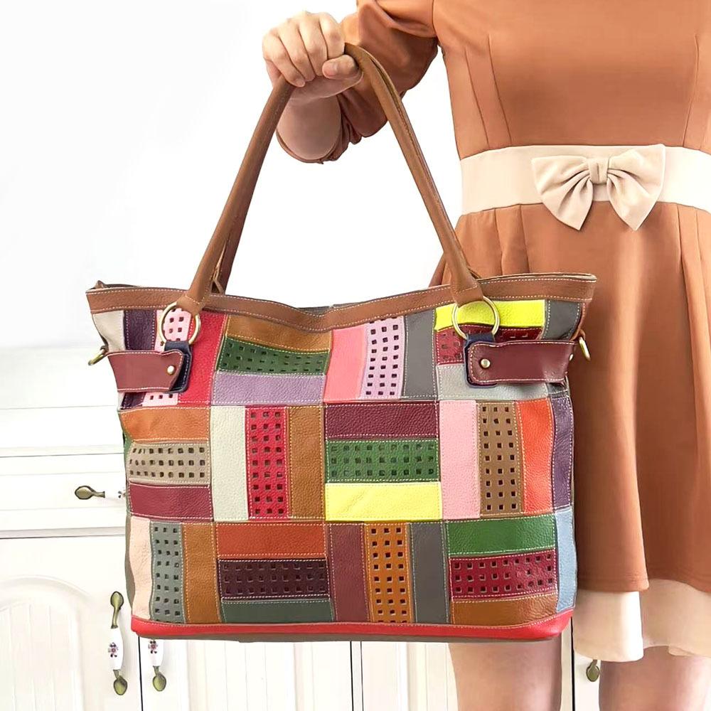 Ledertasche für Damen im ethnischen Stil, Rindsleder, farblich passende Spleißtasche mit geometrischem Muster, Schultertasche