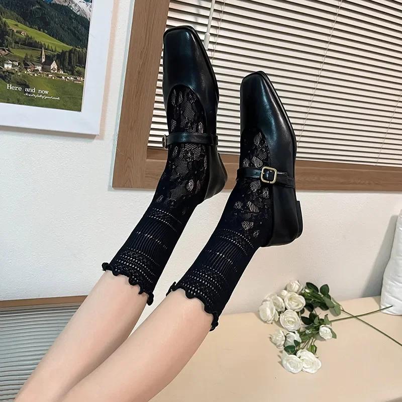 Lace Mesh Women Long Socks JK Lolita Girls Kawaii Cute Ruffle Socks Fishnet Japanese Fashion Solid Color Black Loose Long Socks