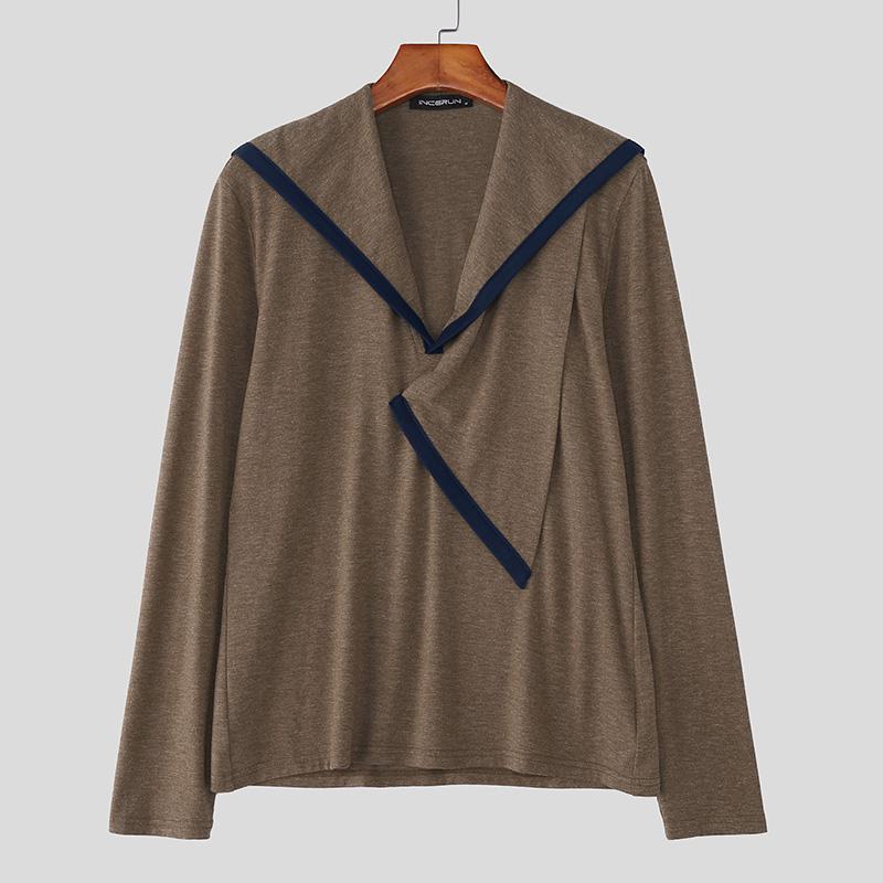 INCERUN Men's Irregular Neck Long Sleeve Stitching Casual Autumn T-shirts Undershirts