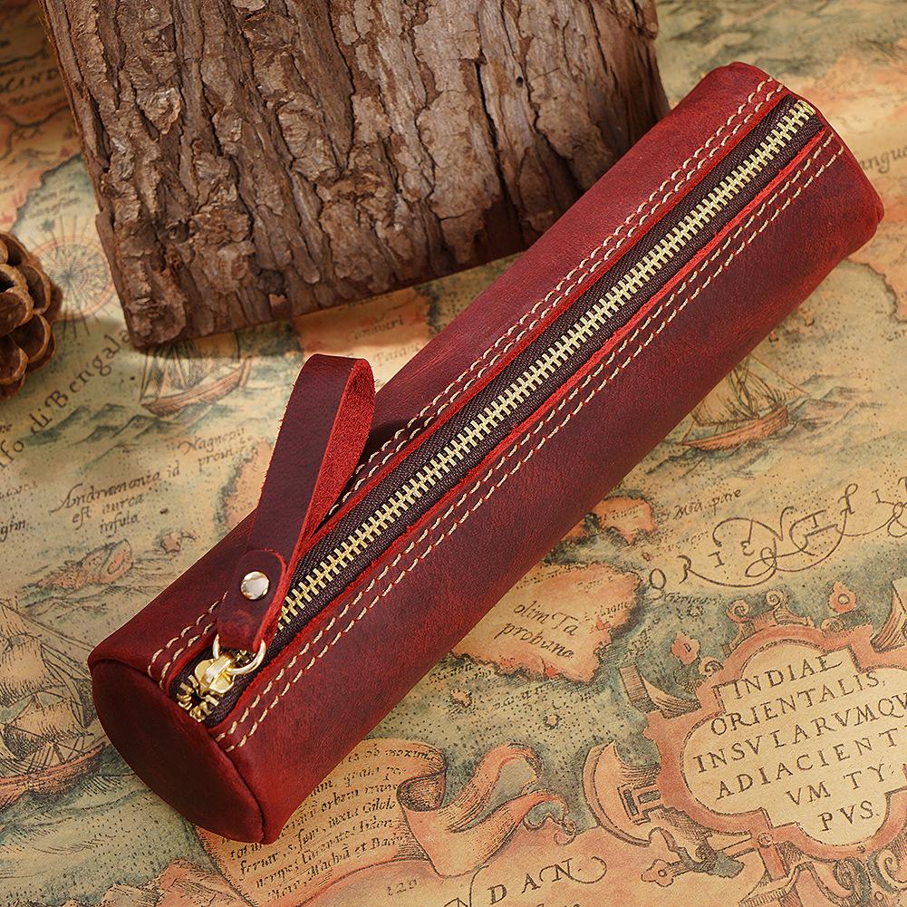 2026 Retro Leather Storage Pencil Bag, First Layer of Crazy Horse Leather Handmade Student Stationery Storage Bag