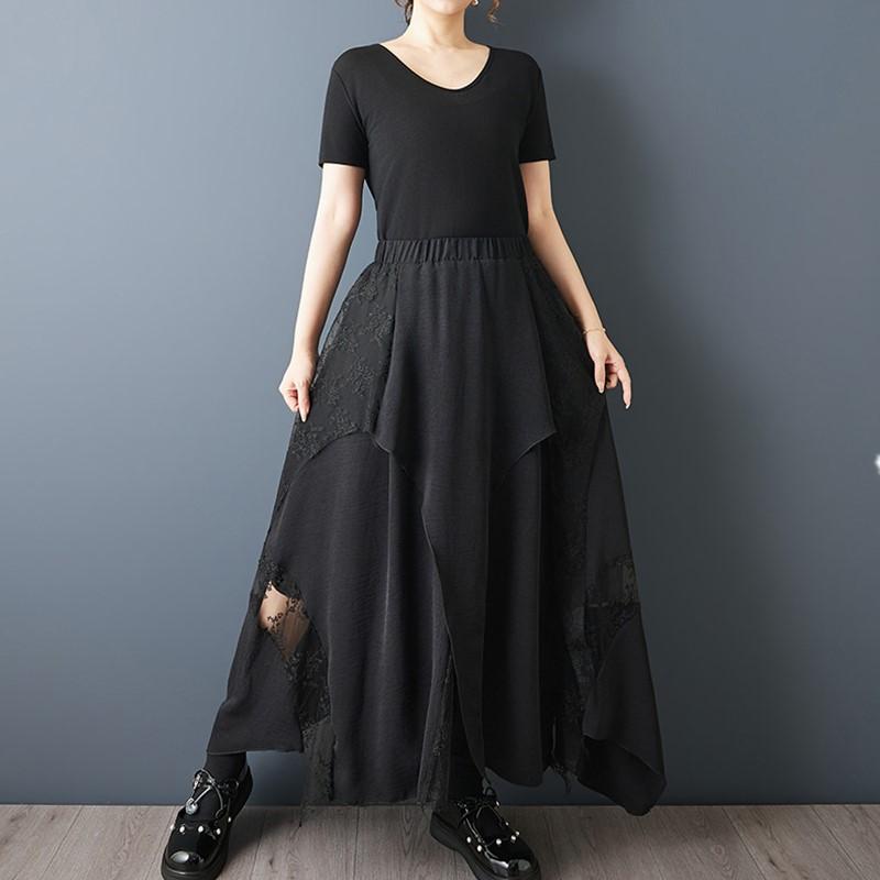 Plus Size Black High Waist Vintage Lace Mesh Patchwork Summer Casual Loose Long for Woman Skirts Womens Skirt