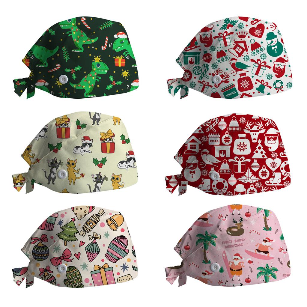 Adjustable Scrub Cap with Button for Mask Loop Christmas Dinosaur Pattern Medical Nurse Hat Surgical Hat for Healthcare Professionals