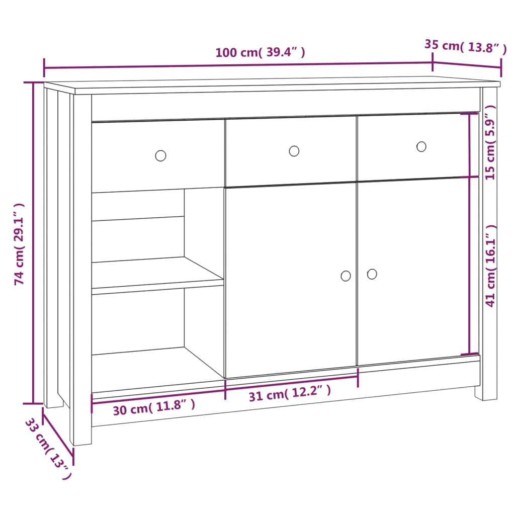 Sideboard Honey Brown 100 X 35 X 74 Cm Solid Pine Wood