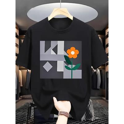 European Sizes 1pc Men'S Summer Casual Short Sleeve T-Shirt with Fashionable Print Pattern,  Round Neck, Regular Fit, Adult