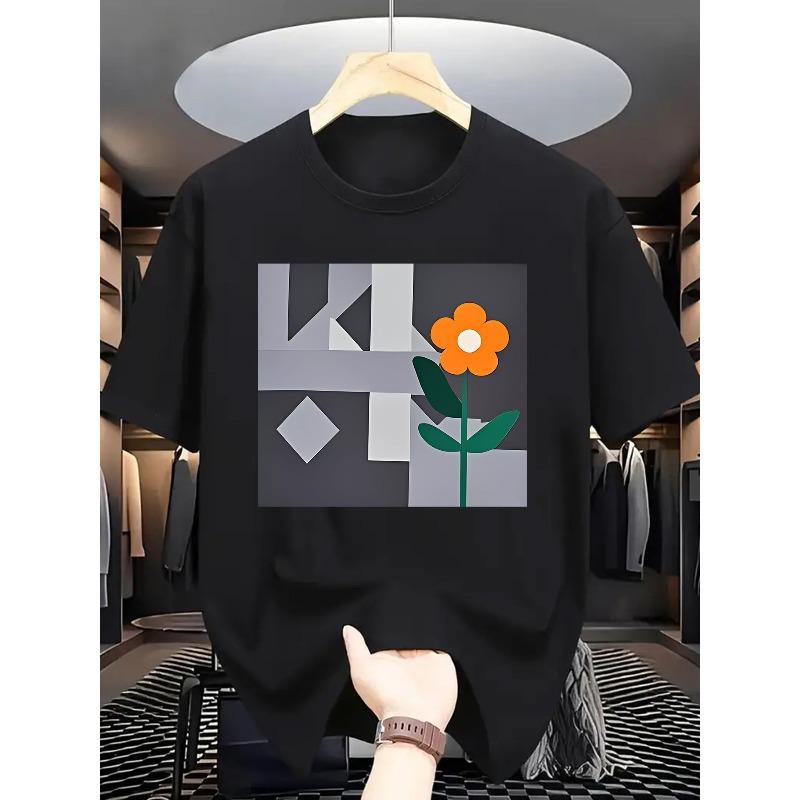 

European sizes 1pc Men S Summer Casual Short Sleeve T-Shirt with Fashionable Print Pattern, Round Neck, Regular Fit, Adult 4XL чорний