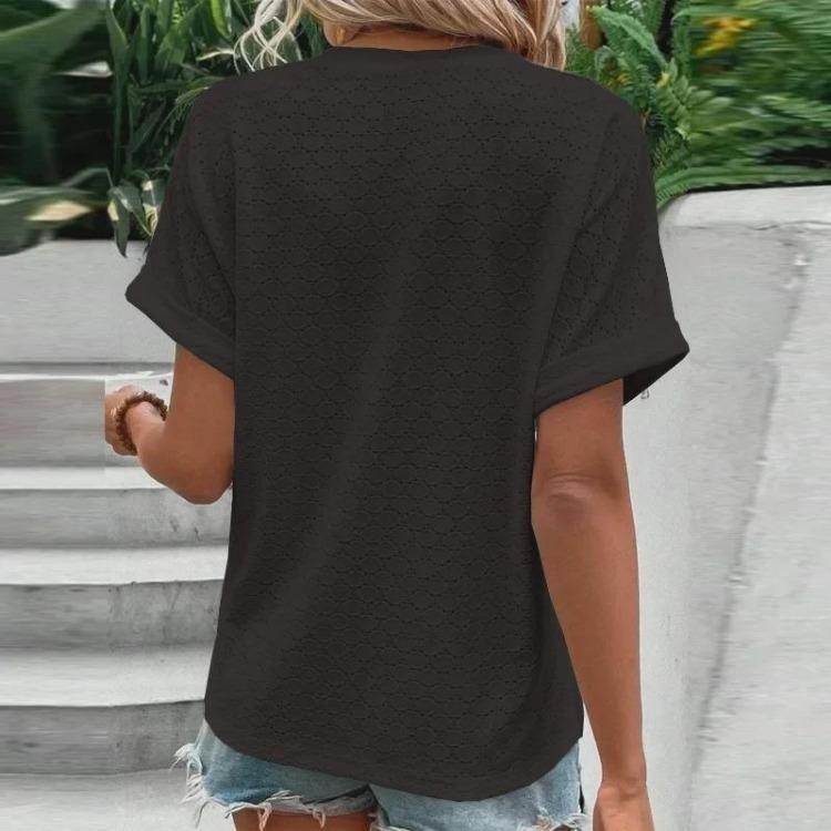 Spring Summer  Women Casual Button V Neck T Shirt Solid Color