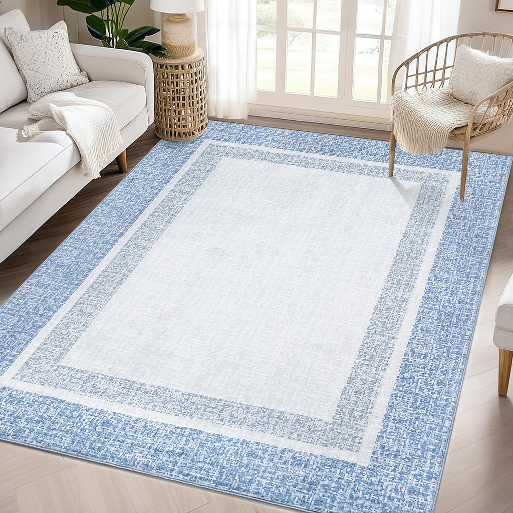 Modern Distressed Blue White Area Mat Soft Low Pile Machine Washable Non Slip Backing Living Room Bedroom Office Kitchen