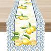 Summer Lemon Blue Tiles Linen Table Runner Party Decor Watercolor Floral Fruit Leaves Kitchen Dining Table Runners Home Decor
