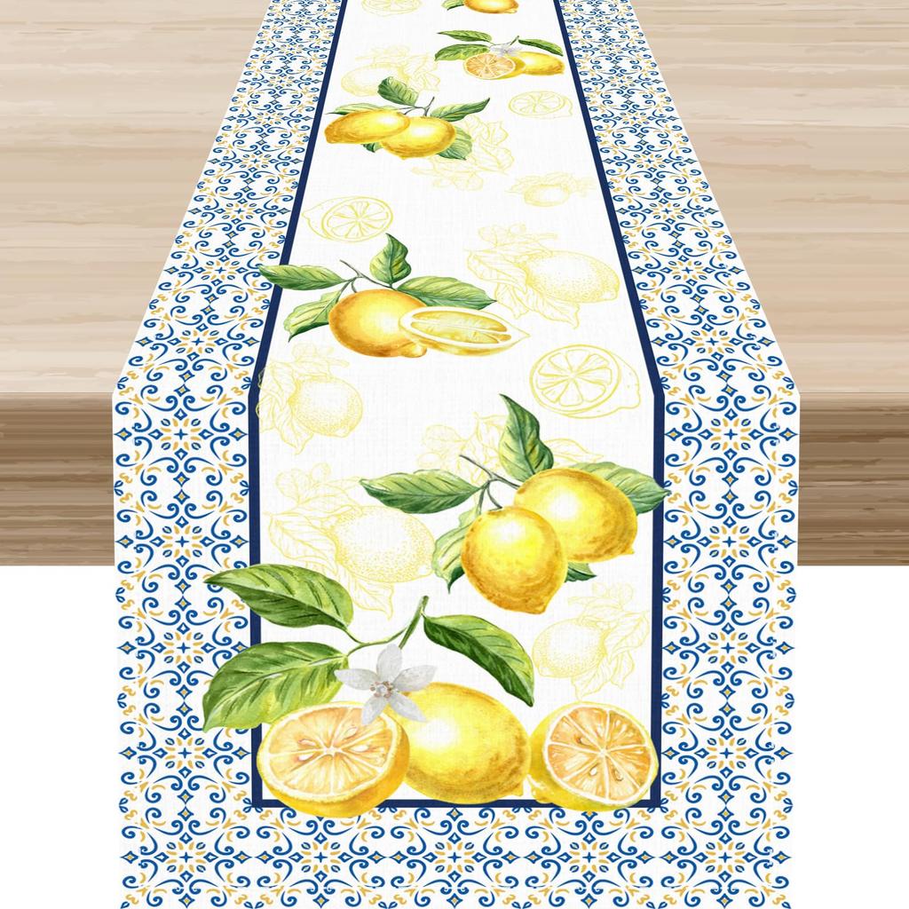 Summer Lemon Blue Tiles Linen Table Runner Party Decor Watercolor Floral Fruit Leaves Kitchen Dining Table Runners Home Decor